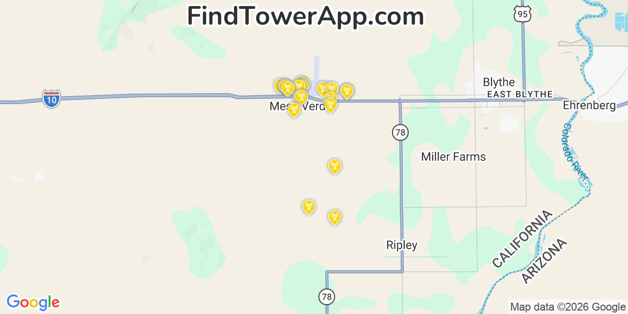 Map showing the 20 primary cell tower locations detected in Mesa Verde, California from AT&T, Verizon, and T-Mobile networks