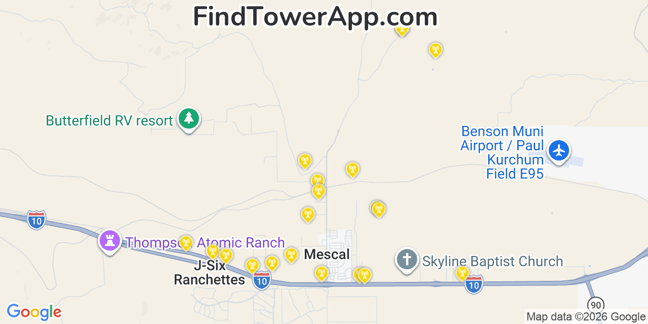 Map showing the 20 primary cell tower locations detected in Mescal, Arizona from AT&T, Verizon, and T-Mobile networks