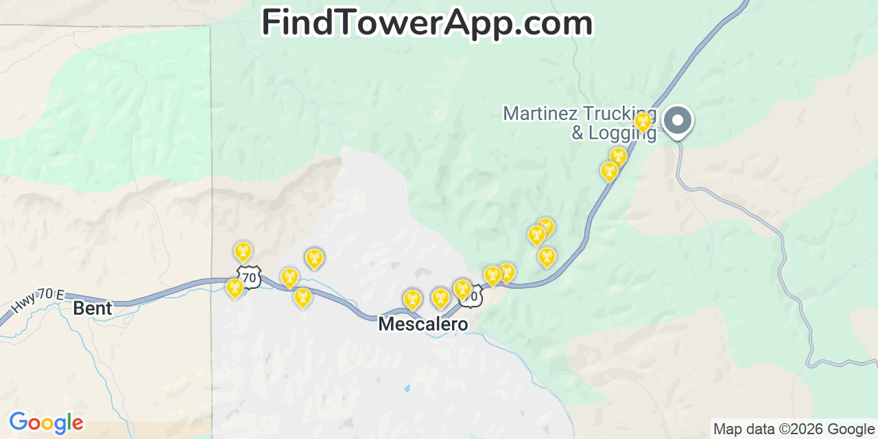 Map showing the 20 primary cell tower locations detected in Mescalero, New Mexico from AT&T, Verizon, and T-Mobile networks