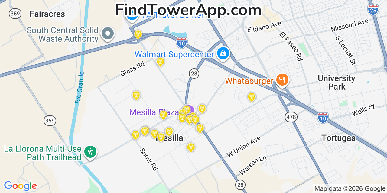 Map showing the 20 primary cell tower locations detected in Mesilla, New Mexico from AT&T, Verizon, and T-Mobile networks