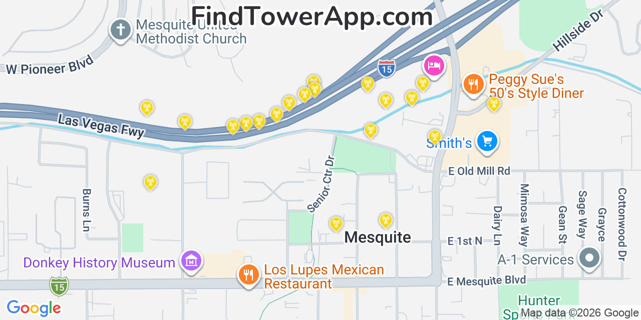 Map showing the 20 primary cell tower locations detected in Mesquite, Nevada from AT&T, Verizon, and T-Mobile networks