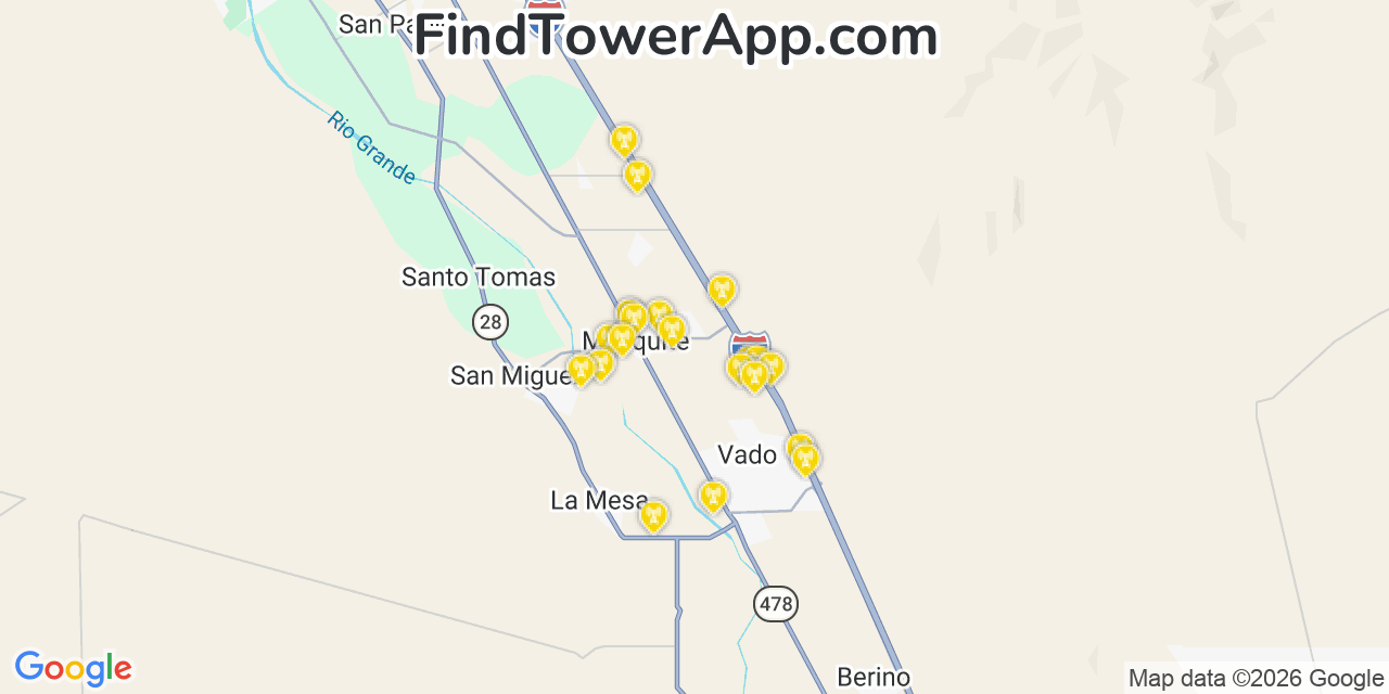 Map showing the 20 primary cell tower locations detected in Mesquite, New Mexico from AT&T, Verizon, and T-Mobile networks