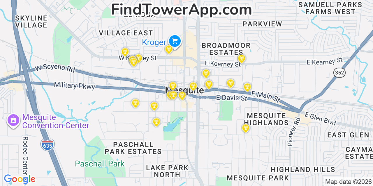 Map showing the 20 primary cell tower locations detected in Mesquite, Texas from AT&T, Verizon, and T-Mobile networks