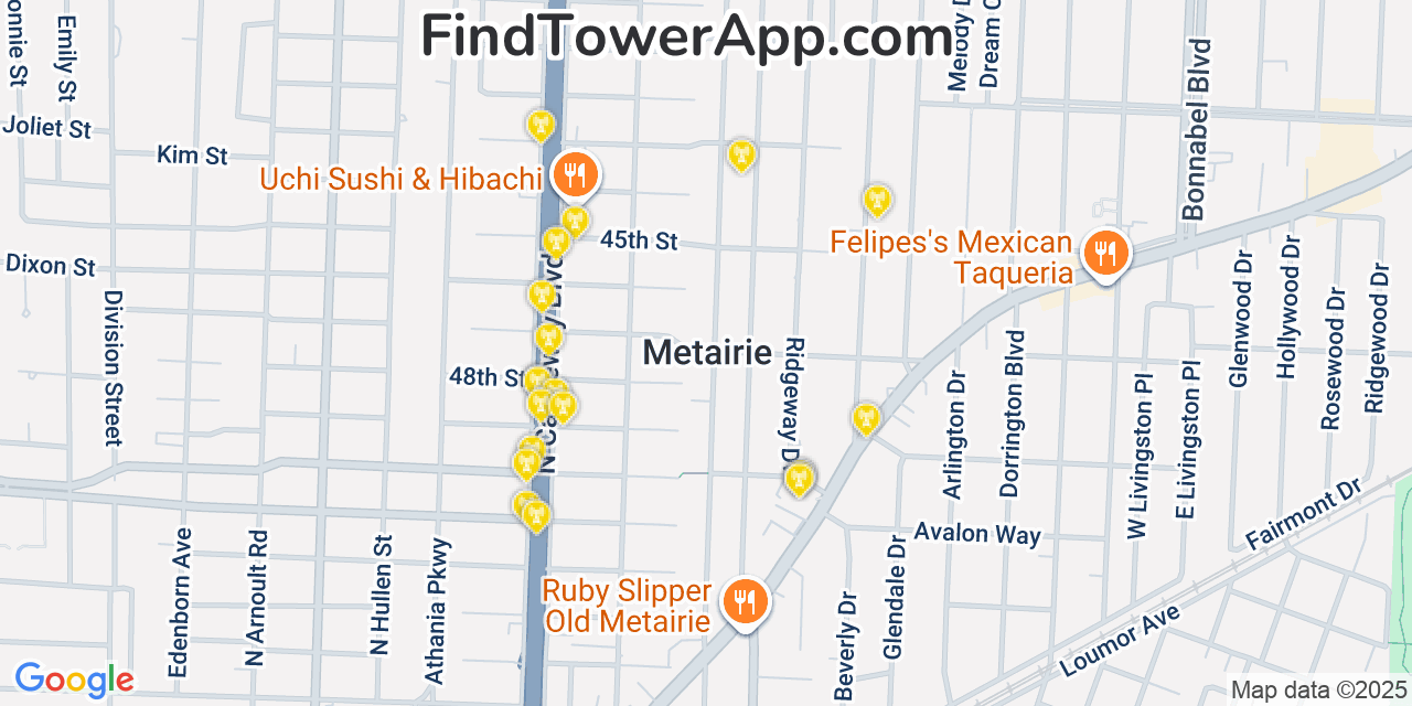 Map showing the 20 primary cell tower locations detected in Metairie, Louisiana from AT&T, Verizon, and T-Mobile networks
