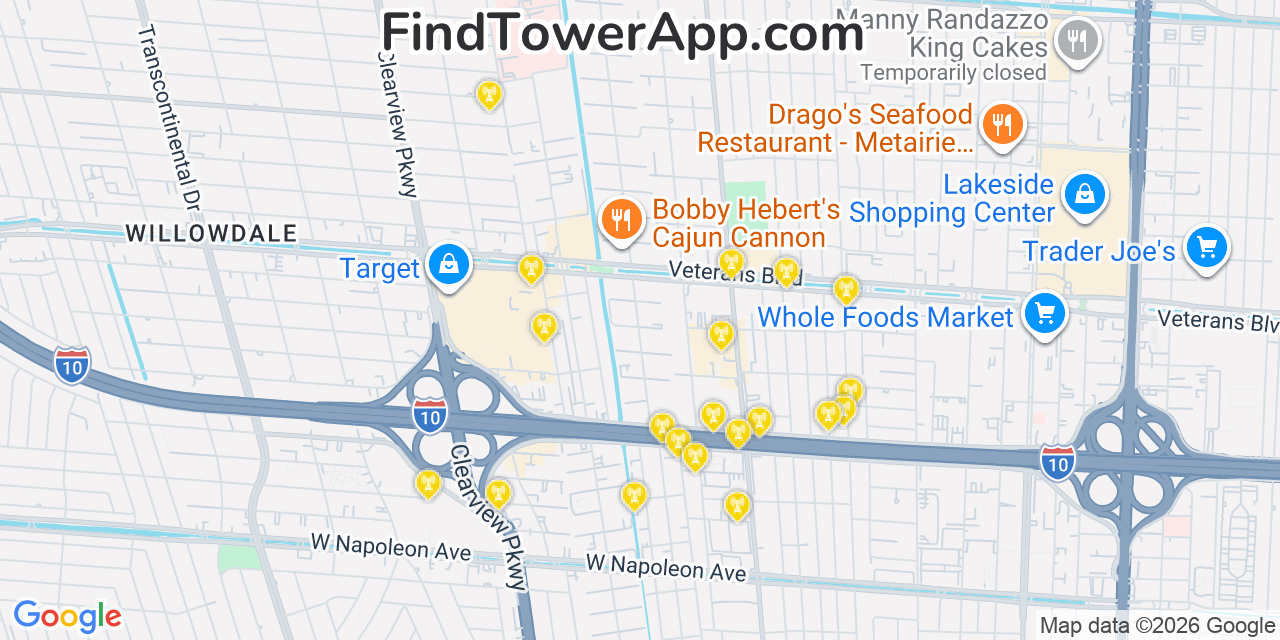 Map showing the 20 primary cell tower locations detected in Metairie, Louisiana from AT&T, Verizon, and T-Mobile networks