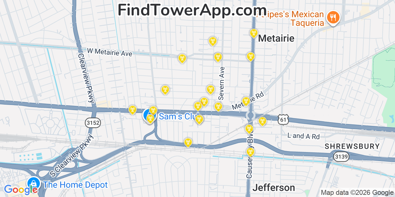 Map showing the 20 primary cell tower locations detected in Metairie Terrace, Louisiana from AT&T, Verizon, and T-Mobile networks