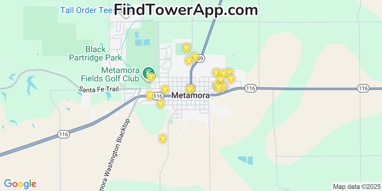 Map showing the 20 primary cell tower locations detected in Metamora, Illinois from AT&T, Verizon, and T-Mobile networks