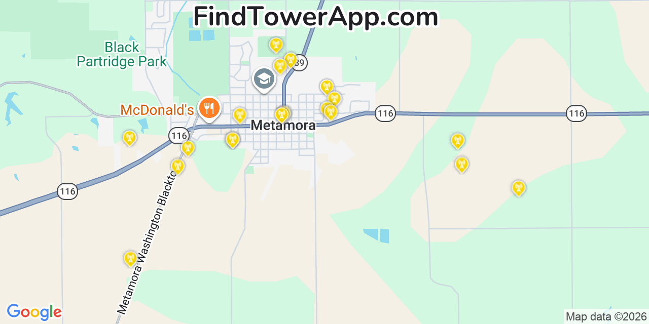 Map showing the 20 primary cell tower locations detected in Metamora, Illinois from AT&T, Verizon, and T-Mobile networks