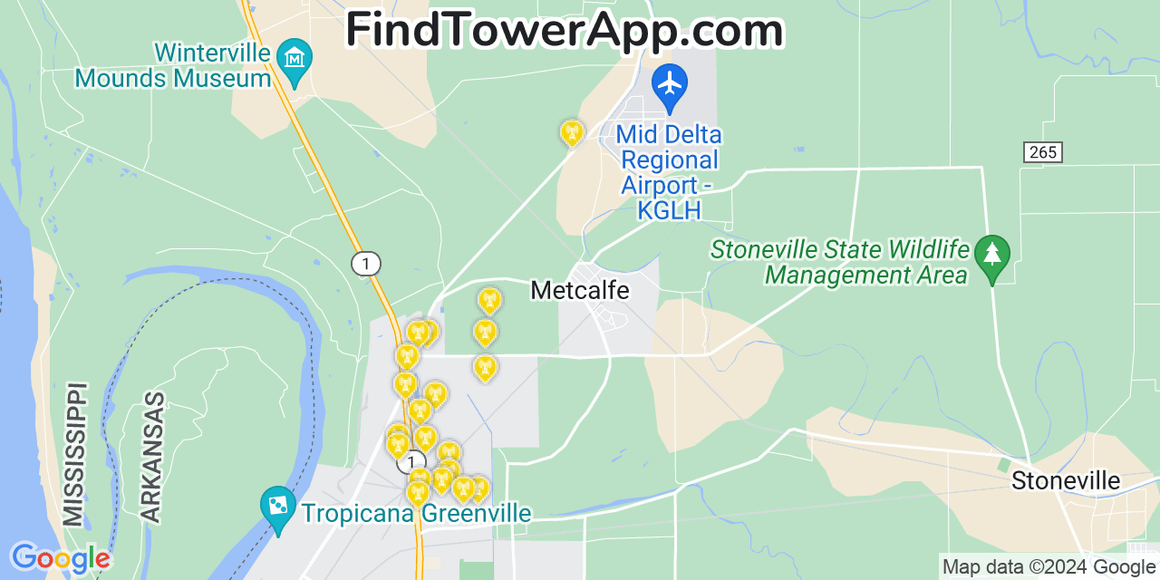 AT&T 4G/5G cell tower coverage map Metcalfe, Mississippi