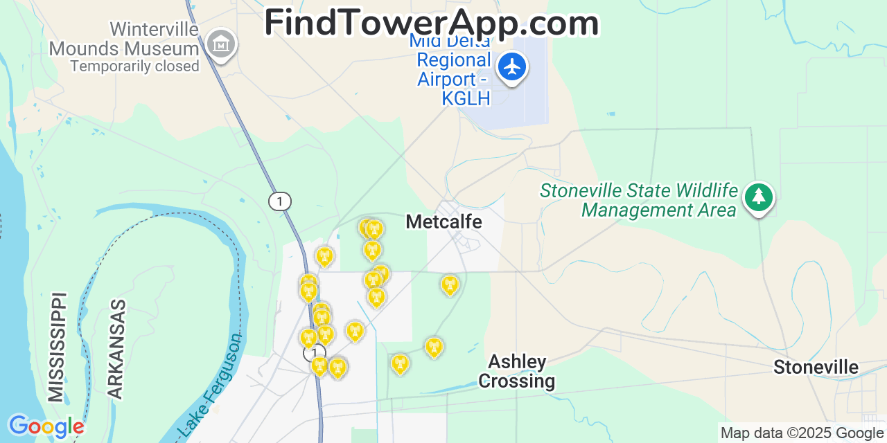 Map showing the 20 primary cell tower locations detected in Metcalfe, Mississippi from AT&T, Verizon, and T-Mobile networks