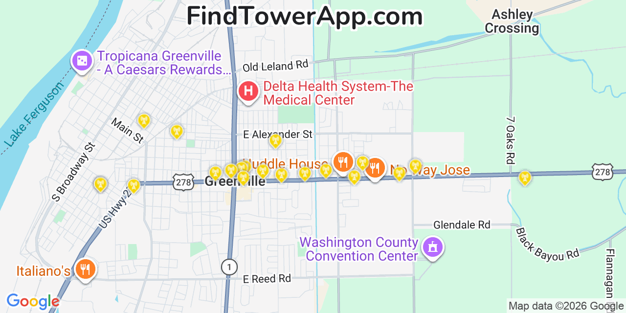 Map showing the 20 primary cell tower locations detected in Metcalfe, Mississippi from AT&T, Verizon, and T-Mobile networks