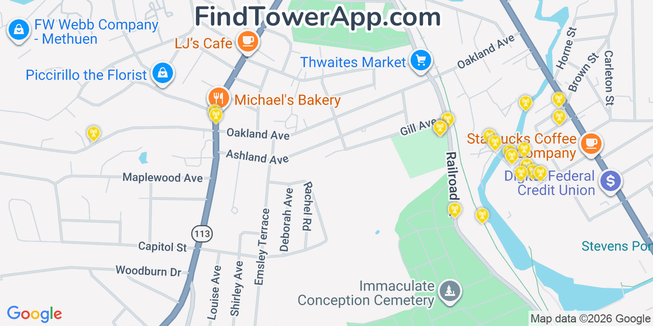 Map showing the 20 primary cell tower locations detected in Methuen, Massachusetts from AT&T, Verizon, and T-Mobile networks