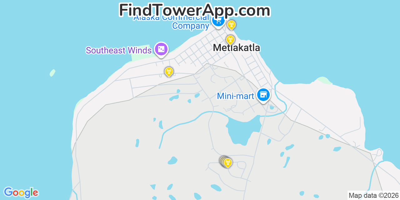 Map showing the 20 primary cell tower locations detected in Metlakatla, Alaska from AT&T, Verizon, and T-Mobile networks
