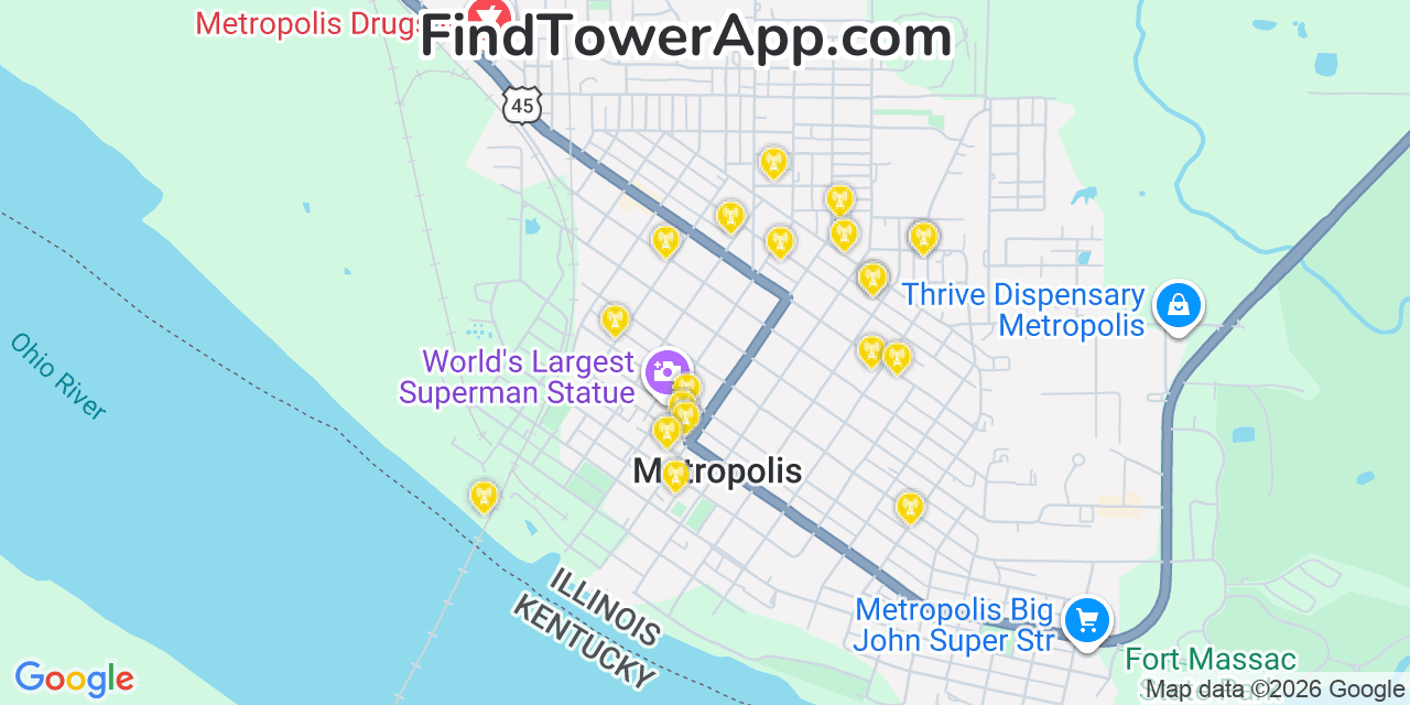 Map showing the 20 primary cell tower locations detected in Metropolis, Illinois from AT&T, Verizon, and T-Mobile networks
