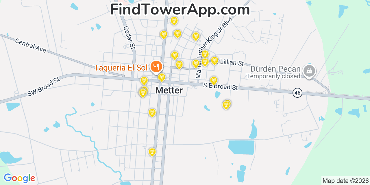 Map showing the 20 primary cell tower locations detected in Metter, Georgia from AT&T, Verizon, and T-Mobile networks