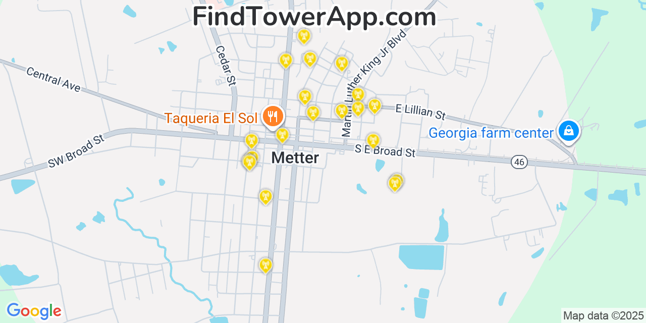 Map showing the 20 primary Mobitel cell tower locations detected in Metter, Georgia with coverage radius and signal strength indicators