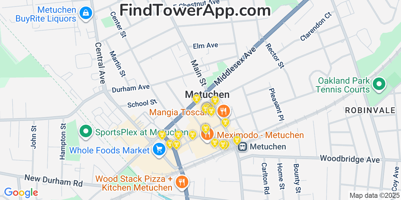 Map showing the 20 primary cell tower locations detected in Metuchen, New Jersey from AT&T, Verizon, and T-Mobile networks