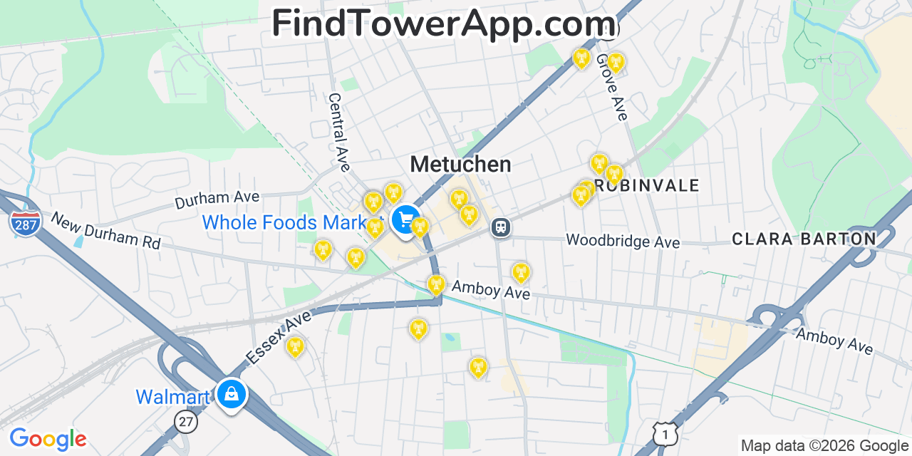 Map showing the 20 primary cell tower locations detected in Metuchen, New Jersey from AT&T, Verizon, and T-Mobile networks