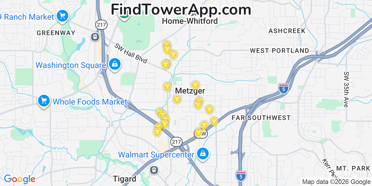 Map showing the 20 primary cell tower locations detected in Metzger, Oregon from AT&T, Verizon, and T-Mobile networks