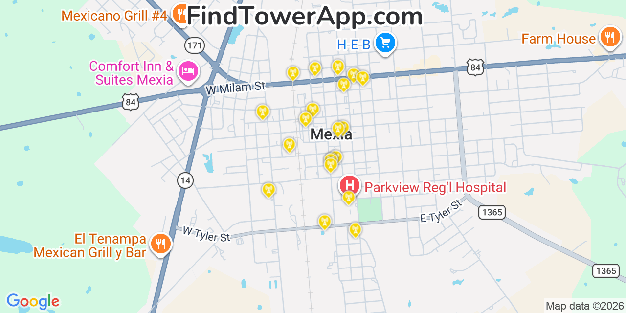 Map showing the 20 primary cell tower locations detected in Mexia, Texas from AT&T, Verizon, and T-Mobile networks