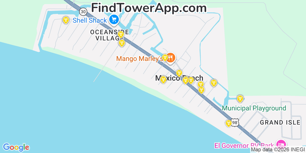 Map showing the 20 primary cell tower locations detected in Mexico Beach, Florida from AT&T, Verizon, and T-Mobile networks