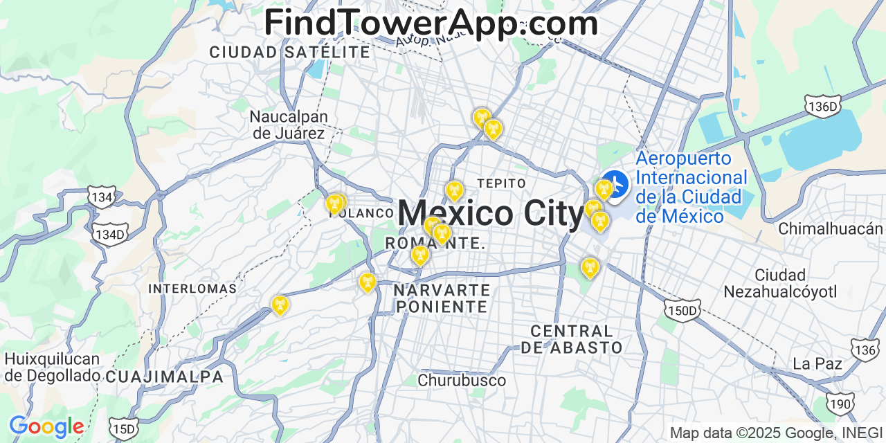 Map showing the 24 primary AT&T cell tower locations detected in Mexico City, Mexico with coverage radius and signal strength indicators