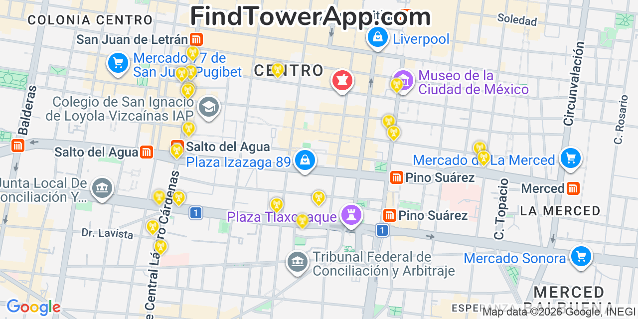 Map showing the 20 primary Altan Redes cell tower locations in Mexico City, Mexico