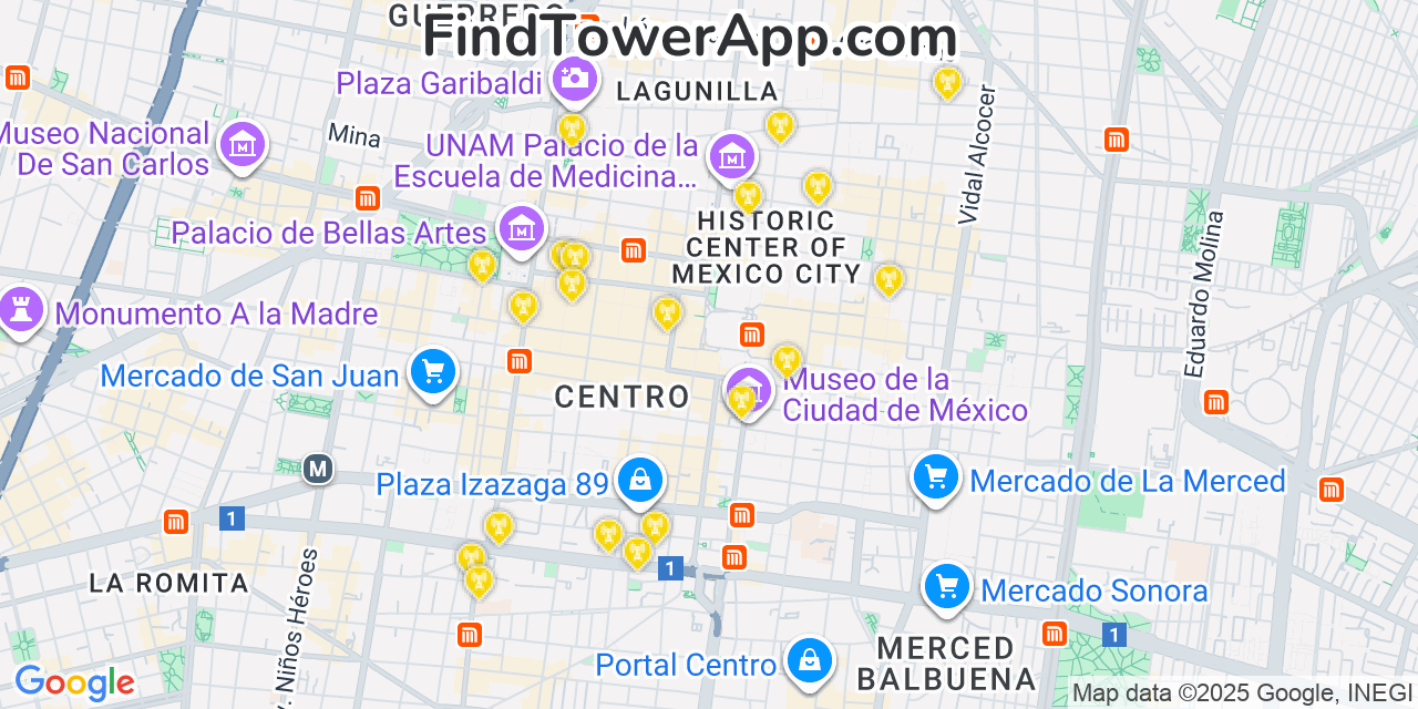 Map showing the 20 primary Altán Redes S.A.P.I. de C.V. cell tower locations in Mexico City, Mexico