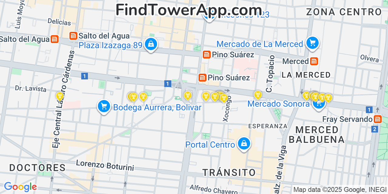 Map showing the 20 primary cell tower locations detected in Mexico City, Mexico with coverage areas and signal strength