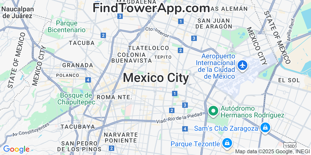 Map showing the 0 primary Telcel cell tower locations detected in Mexico City, Mexico with coverage radius and signal strength indicators