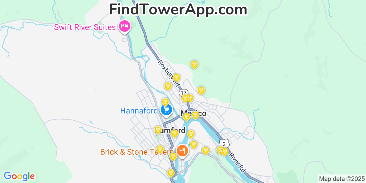 Map showing the 20 primary cell tower locations detected in Mexico, Maine from AT&T, Verizon, and T-Mobile networks