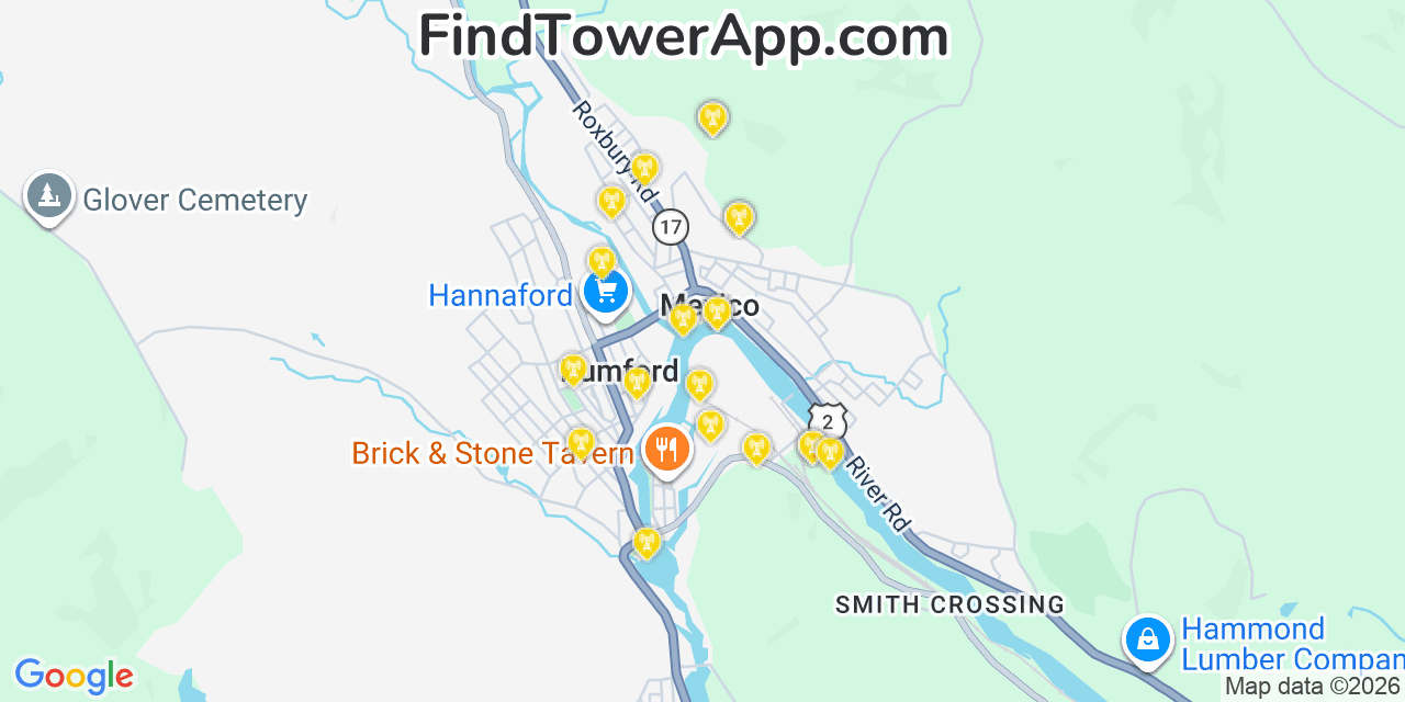 Map showing the 20 primary cell tower locations detected in Mexico, Maine from AT&T, Verizon, and T-Mobile networks