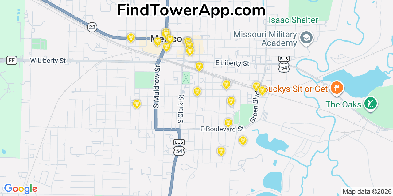 Map showing the 20 primary cell tower locations detected in Mexico, Missouri from AT&T, Verizon, and T-Mobile networks
