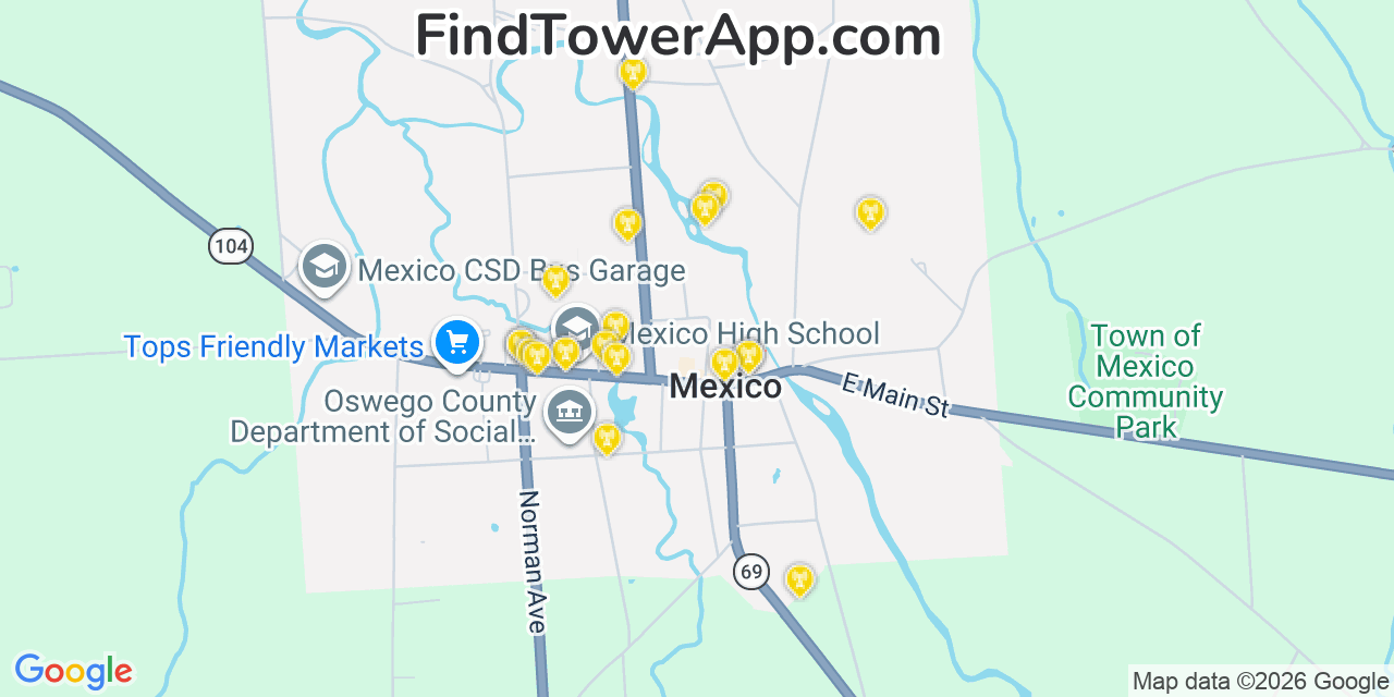 Map showing the 20 primary cell tower locations detected in Mexico, New York from AT&T, Verizon, and T-Mobile networks