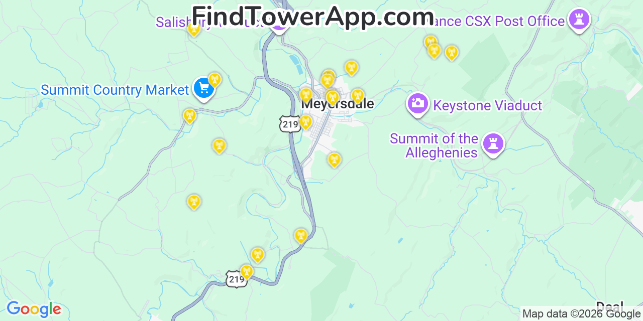 Map showing the 20 primary cell tower locations detected in Meyersdale, Pennsylvania from AT&T, Verizon, and T-Mobile networks
