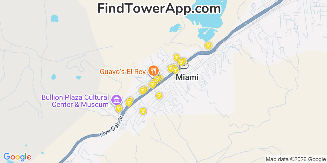 Map showing the 20 primary cell tower locations detected in Miami, Arizona from AT&T, Verizon, and T-Mobile networks