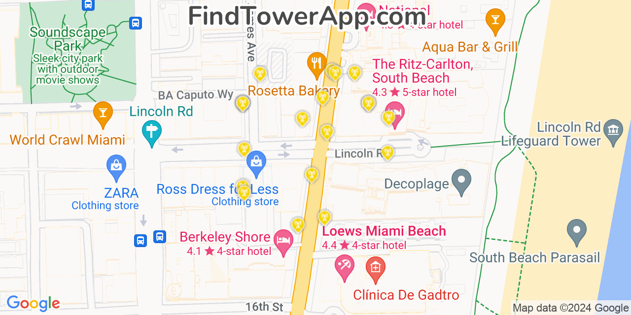 AT&T 4G/5G cell tower coverage map Miami Beach, Florida