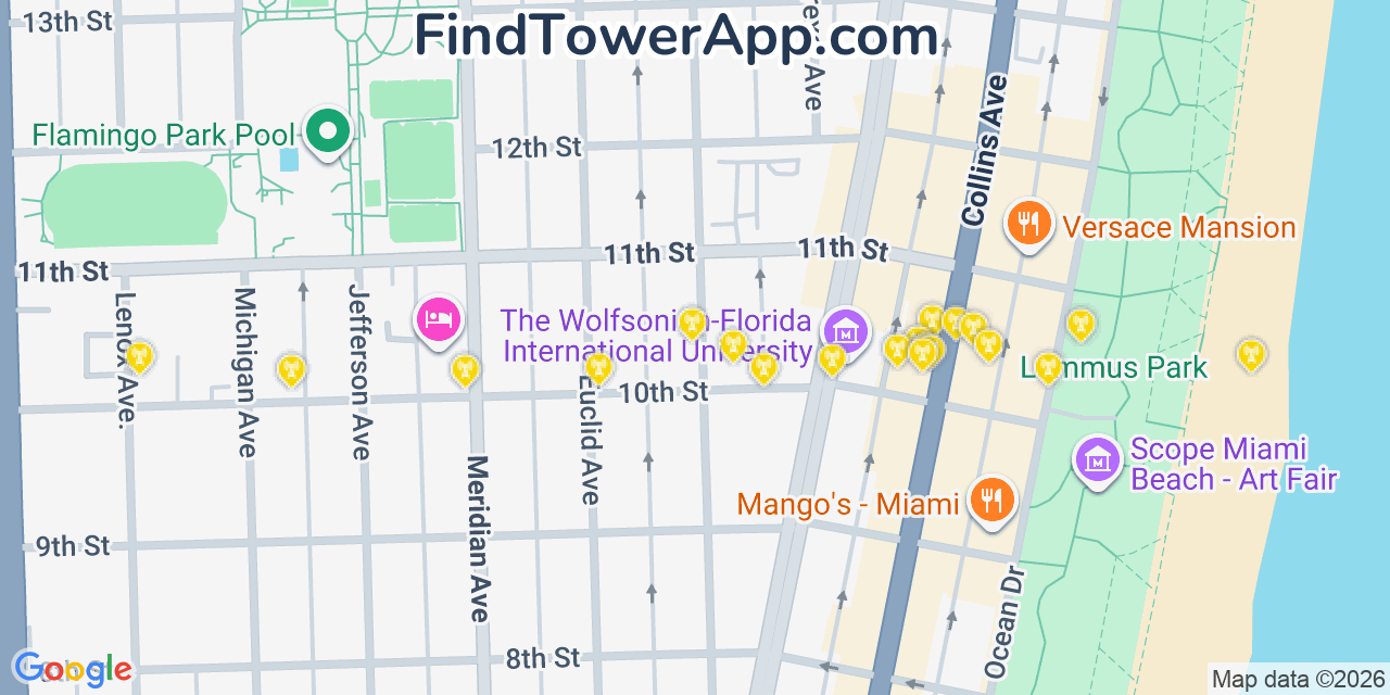 Map showing the 20 primary cell tower locations detected in Miami Beach, Florida from AT&T, Verizon, and T-Mobile networks