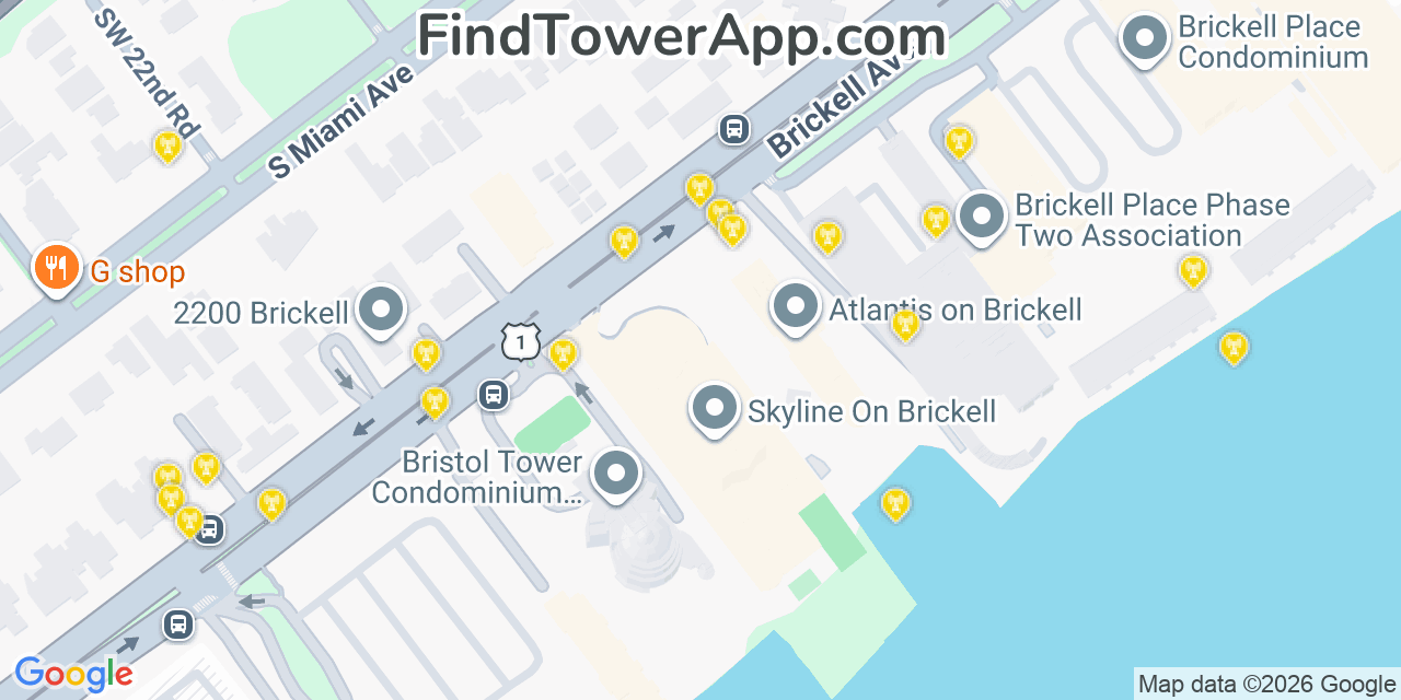 Map showing the 20 primary cell tower locations detected in Miami, Florida from AT&T, Verizon, and T-Mobile networks