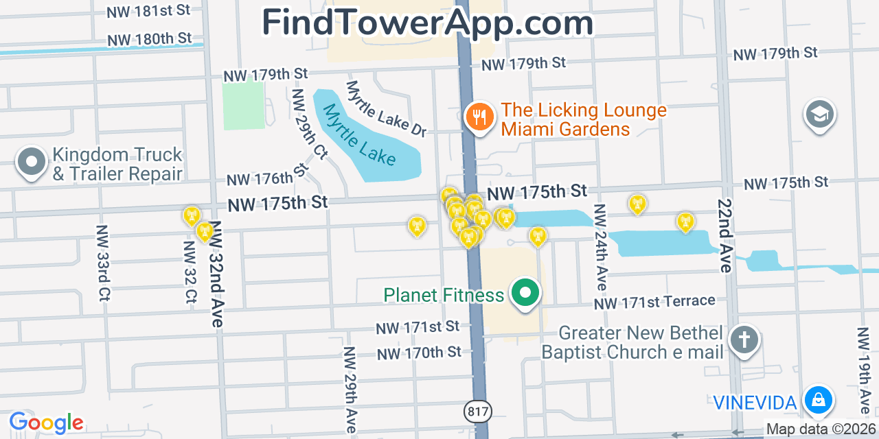 Map showing the 20 primary cell tower locations detected in Miami Gardens, Florida from AT&T, Verizon, and T-Mobile networks