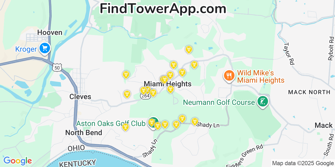 Map showing the 20 primary cell tower locations detected in Miami Heights, Ohio from AT&T, Verizon, and T-Mobile networks
