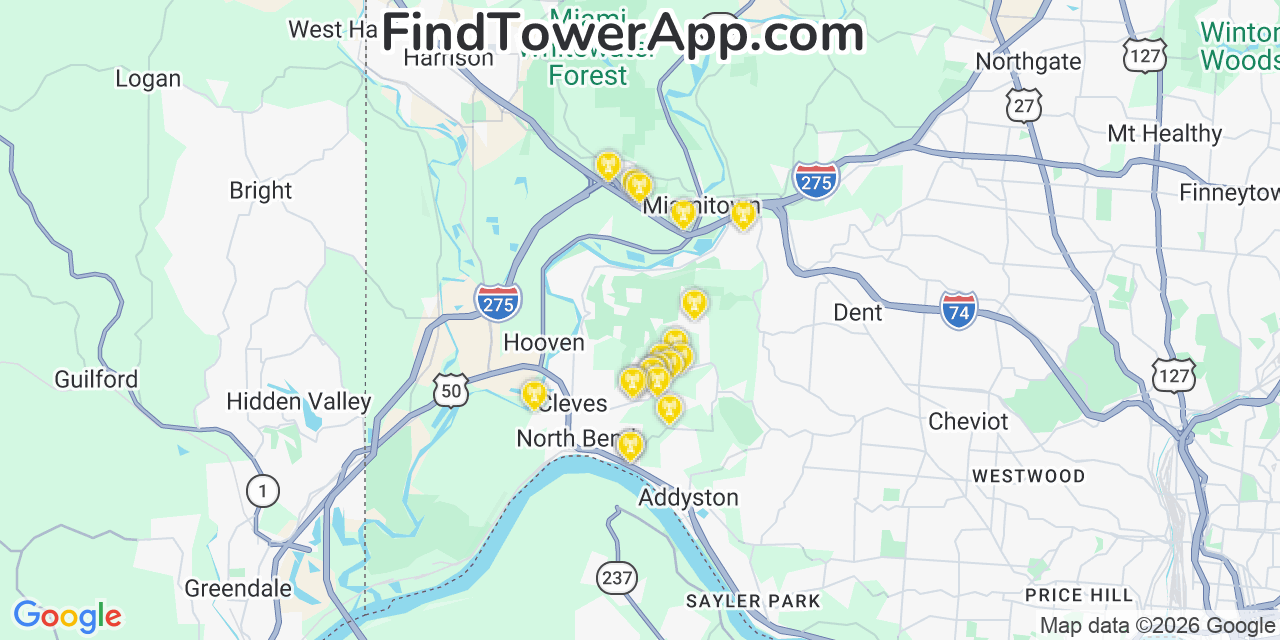 Map showing the 20 primary cell tower locations detected in Miami Heights, Ohio from AT&T, Verizon, and T-Mobile networks