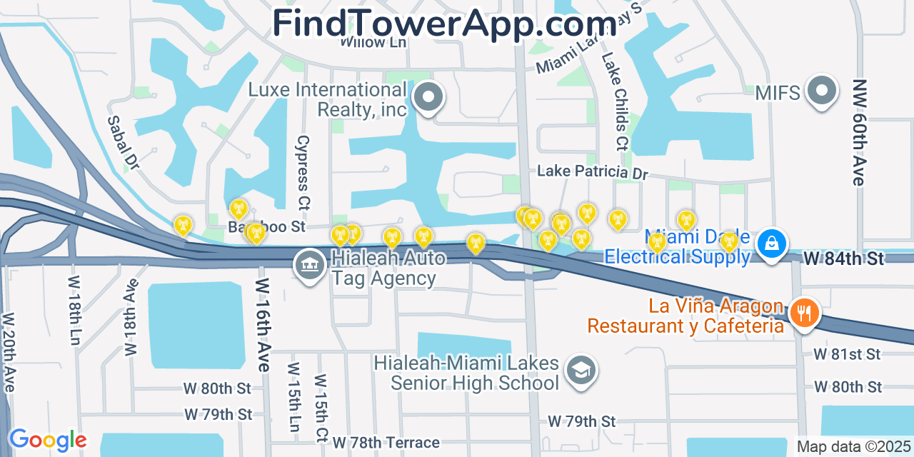 Map showing the 20 primary cell tower locations detected in Miami Lakes, Florida from AT&T, Verizon, and T-Mobile networks