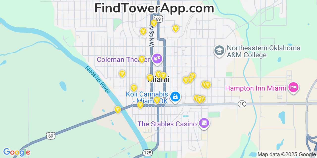 Map showing the 20 primary cell tower locations detected in Miami, Oklahoma from AT&T, Verizon, and T-Mobile networks