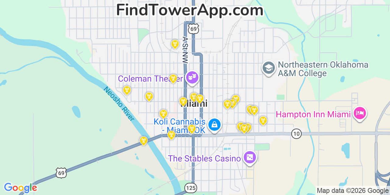 Map showing the 20 primary cell tower locations detected in Miami, Oklahoma from AT&T, Verizon, and T-Mobile networks