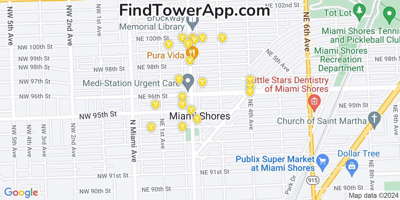 AT&T 4G/5G cell tower coverage map Miami Shores, Florida