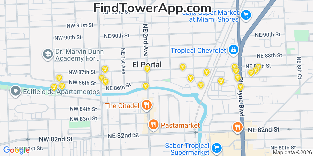 Map showing the 20 primary cell tower locations detected in Miami Shores, Florida from AT&T, Verizon, and T-Mobile networks