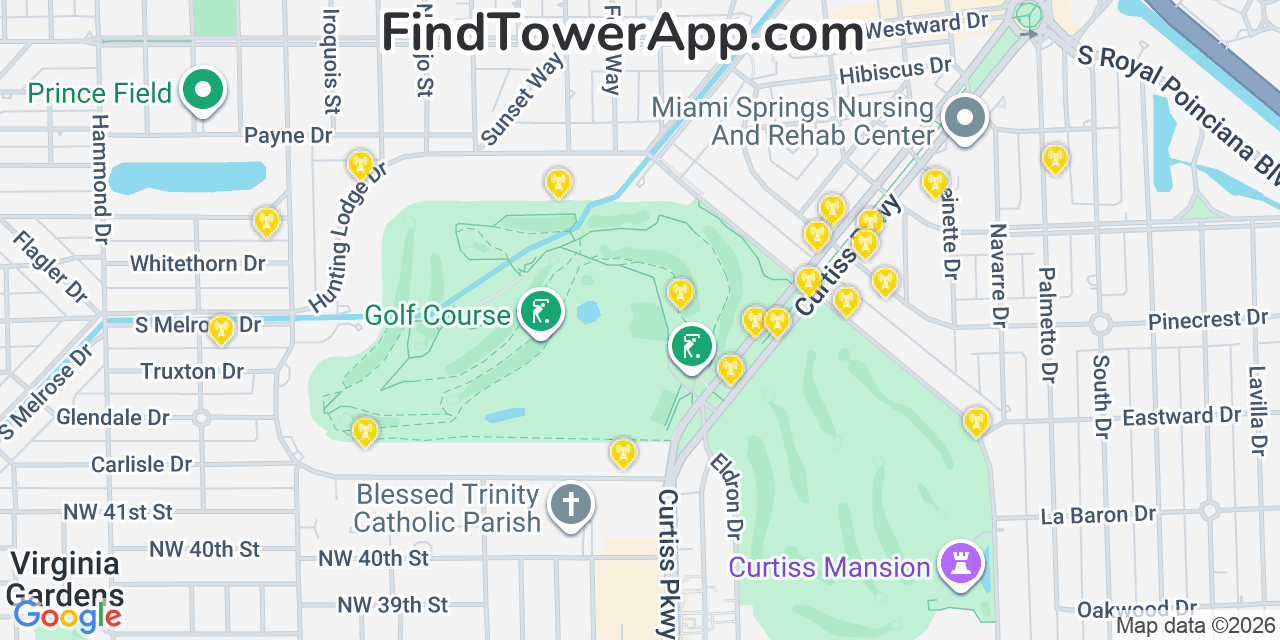 Map showing the 20 primary cell tower locations detected in Miami Springs, Florida from AT&T, Verizon, and T-Mobile networks