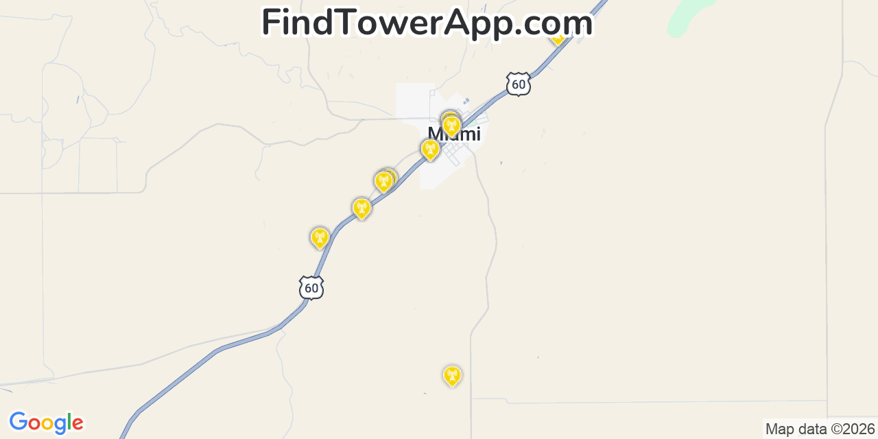 Map showing the 20 primary cell tower locations detected in Miami, Texas from AT&T, Verizon, and T-Mobile networks