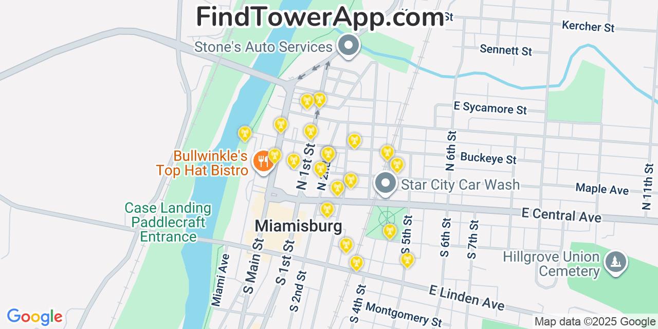 Map showing the 20 primary cell tower locations detected in Miamisburg, Ohio from AT&T, Verizon, and T-Mobile networks